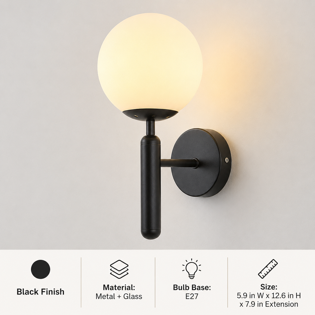 Modern wall sconce with opal glass globe and minimalist vertical stem Bowlift