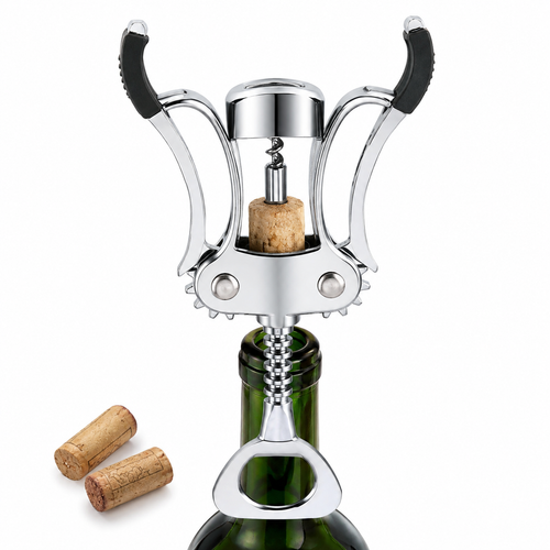 Winged corkscrew with integrated bottle opener and ergonomic rubberized lever handles Bowlift
