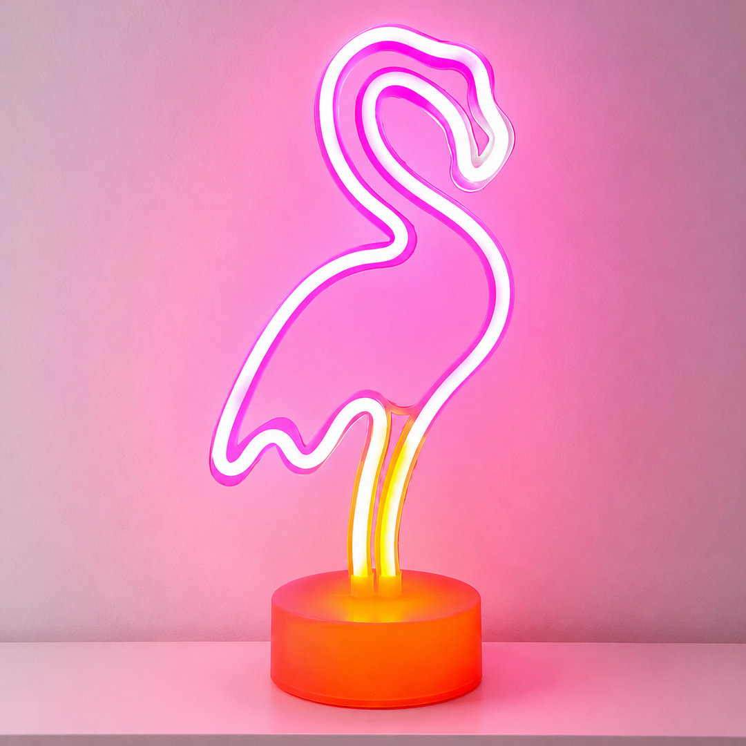 Flamingo shaped LED neon accent lamp with USB-powered acrylic base Bowlift