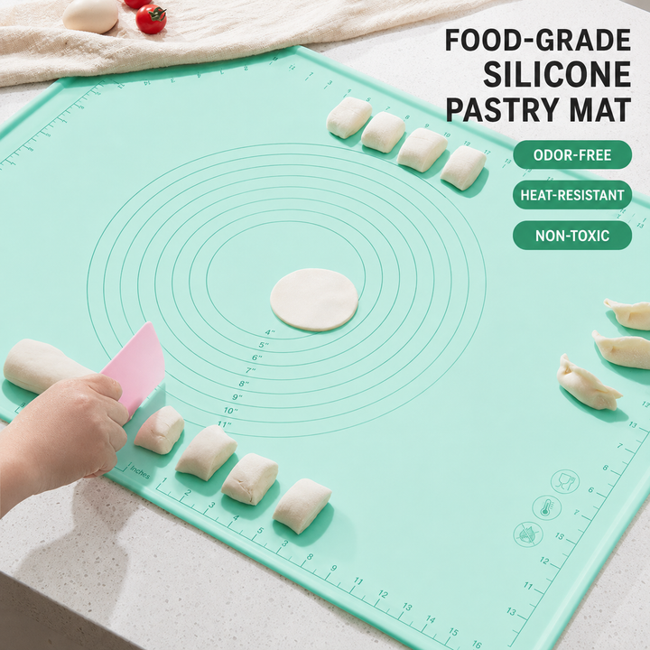 Silicone pastry and dough rolling mat with nonstick measurement grid and concentric circle guides Bowlift