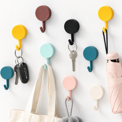 Round adhesive wall hook with removable strong-hold adhesive and curved J-hook Bowlift