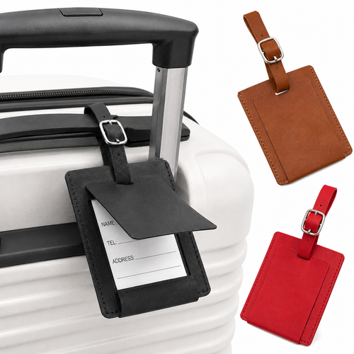 Premium leather luggage tag with adjustable buckle strap and protective ID card sleeve Bowlift