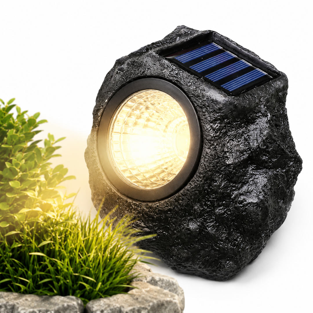 Solar powered faux stone garden spotlight with high efficiency LED array Bowlift