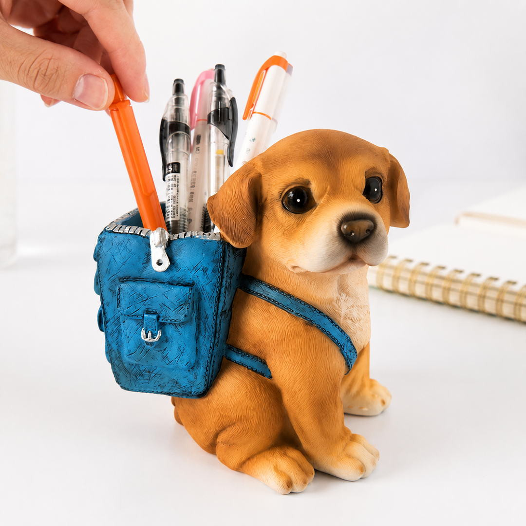 Decorative resin puppy pen holder with backpack desk organizer Bowlift