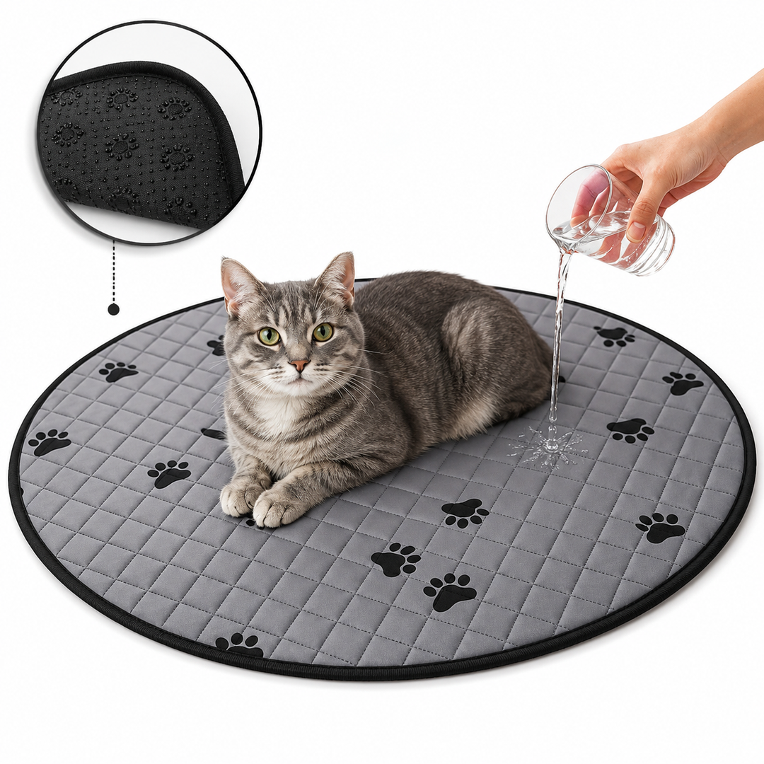 Round Quilted Pet Mat With Paw-Print Non-Slip Underside Bowlift