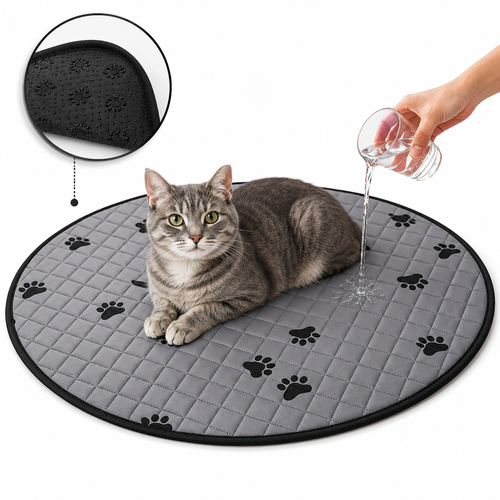 Round Quilted Pet Mat With Paw-Print Non-Slip Underside Bowlift