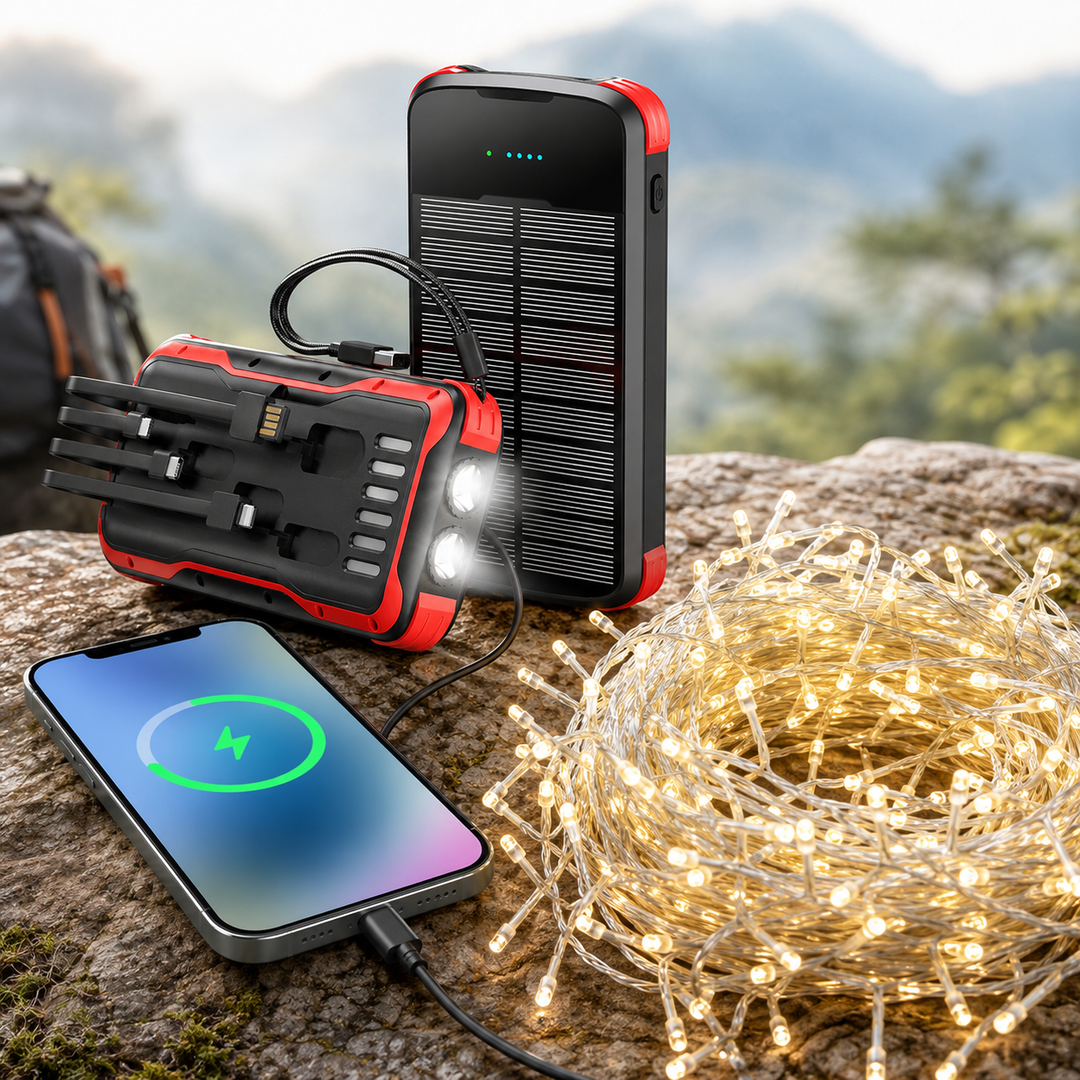 Rugged Portable Solar Power Bank With Integrated Multi-Tip Cables And LED Floodlight Bowlift
