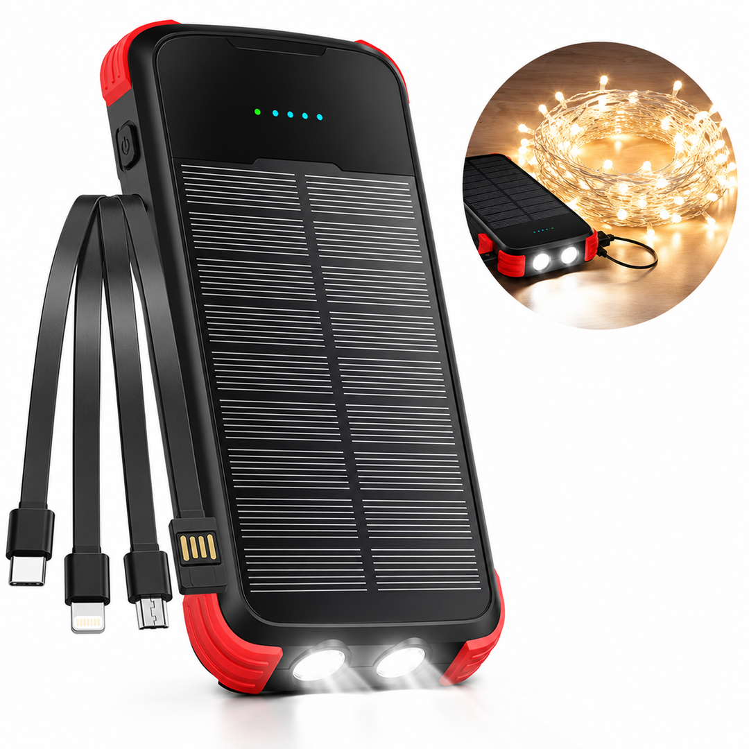 Rugged Portable Solar Power Bank With Integrated Multi-Tip Cables And LED Floodlight Bowlift