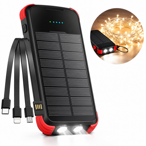 Rugged Portable Solar Power Bank With Integrated Multi-Tip Cables And LED Floodlight Bowlift