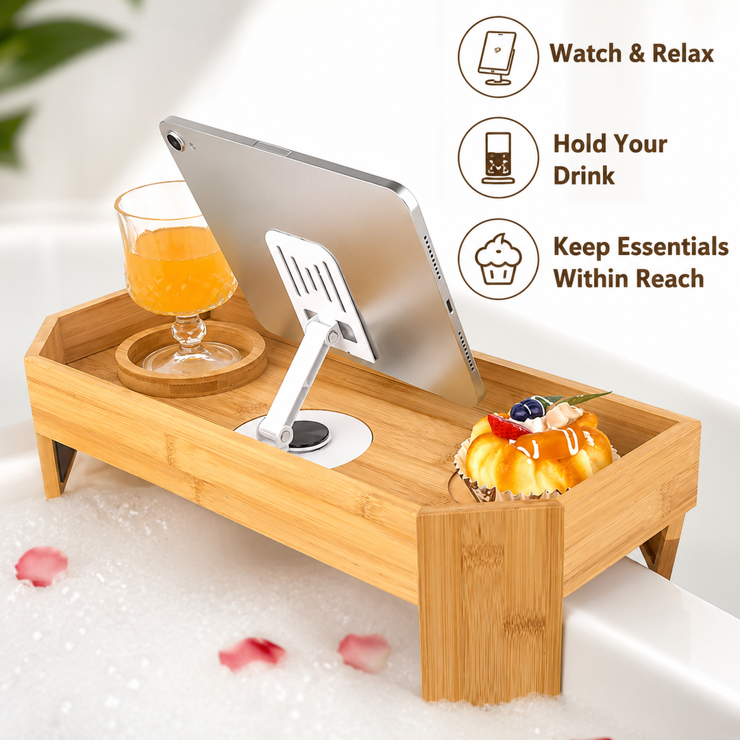 Adjustable Bamboo Bathtub Caddy With Foldable Tablet Stand And Drink Holder Bowlift
