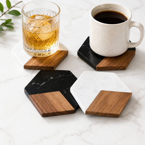 Marble pattern and acacia wood serving coaster board with rounded corners Bowlift