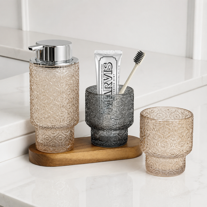 Embossed vintage glass vanity organizer set with pump dispenser and toothbrush cup Bowlift
