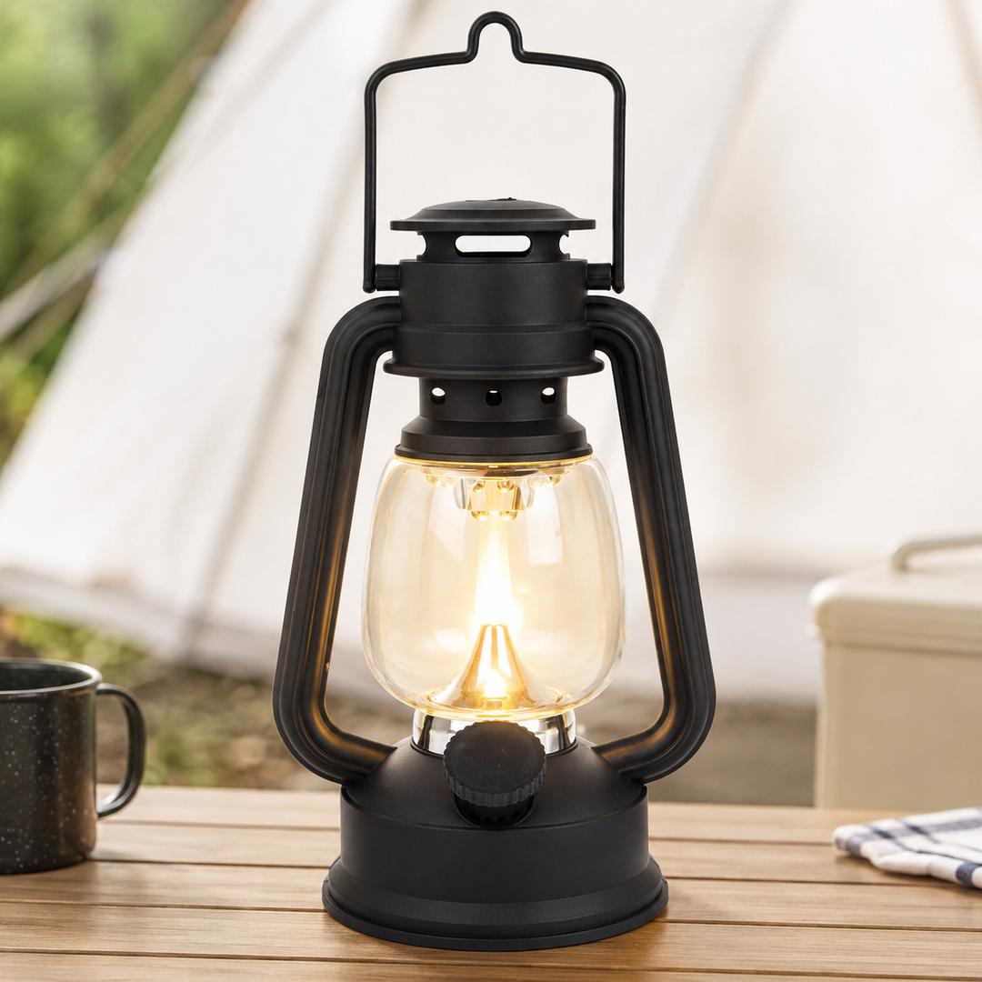 Portable rechargeable LED hurricane lantern with hanging handle and clear glass globe Bowlift