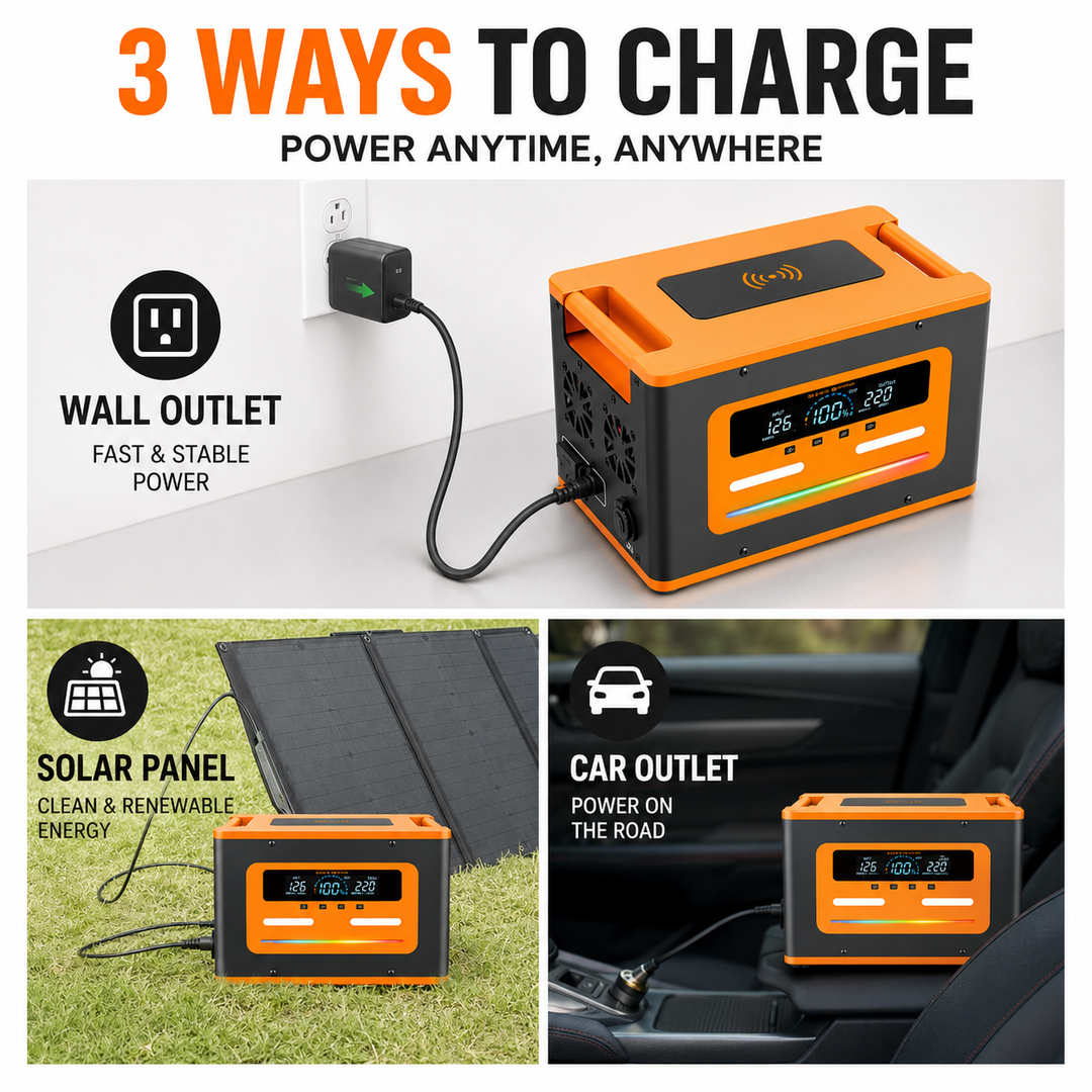 Portable emergency wireless power station with Qi wireless charging LCD display multiple outputs and built in LED light Bowlift