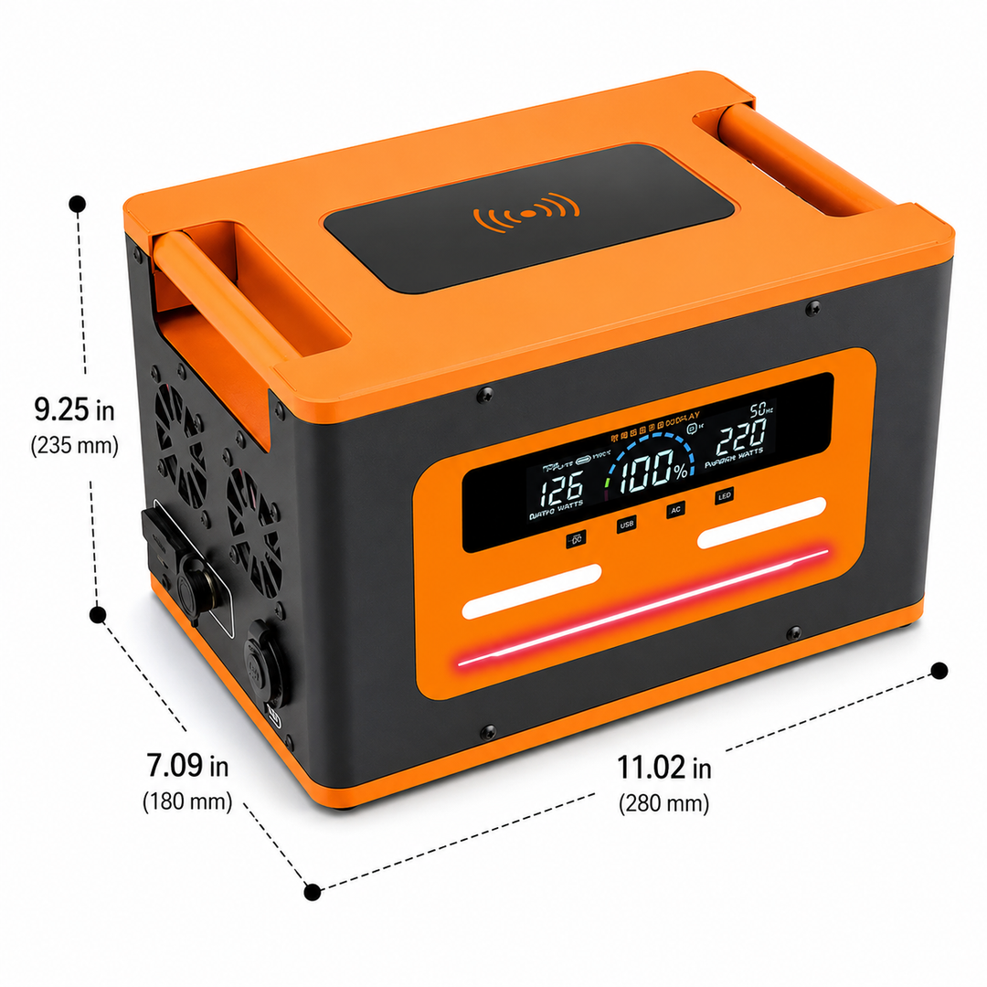 Portable emergency wireless power station with Qi wireless charging LCD display multiple outputs and built in LED light Bowlift