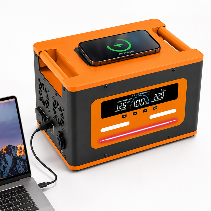 Portable emergency wireless power station with Qi wireless charging LCD display multiple outputs and built in LED light Bowlift