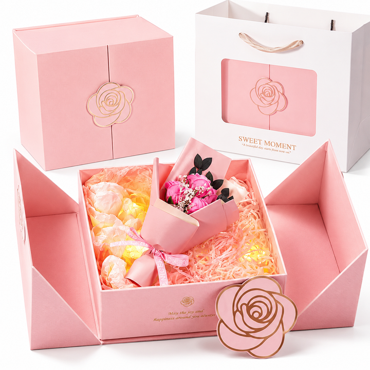 Luxurious rose-emblem gift box set with matching carry bag and magnetic closure Bowlift
