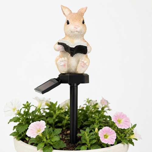 Decorative solar garden stake light with resin reading rabbit figurine topper Bowlift