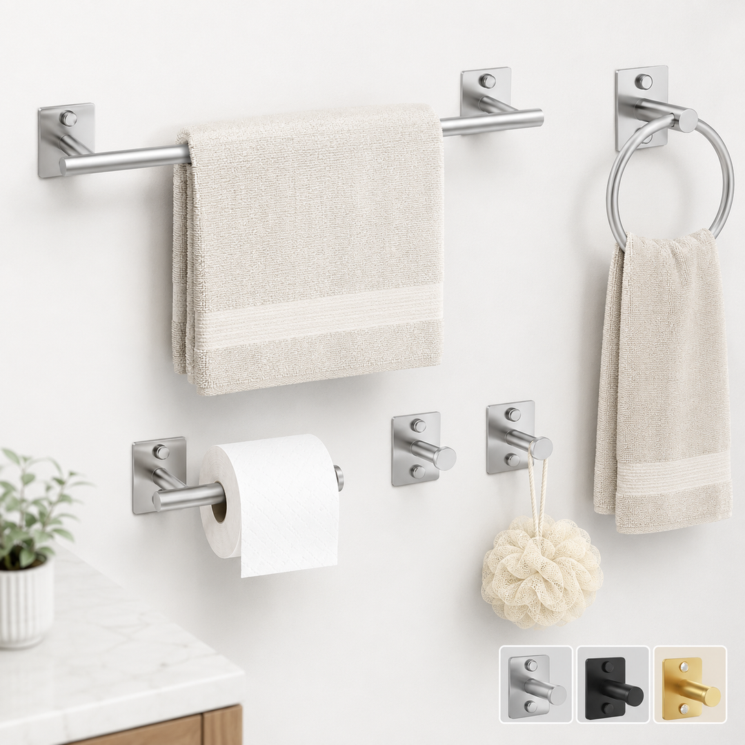 Modern wall-mounted bathroom accessory set with towel bar ring robe hooks and toilet paper holder Bowlift