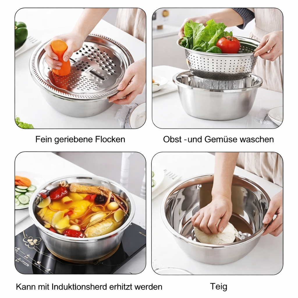 3-in-1 Mixing Bowl Set Stainless Steel with Grater and Sieve | Bowlift