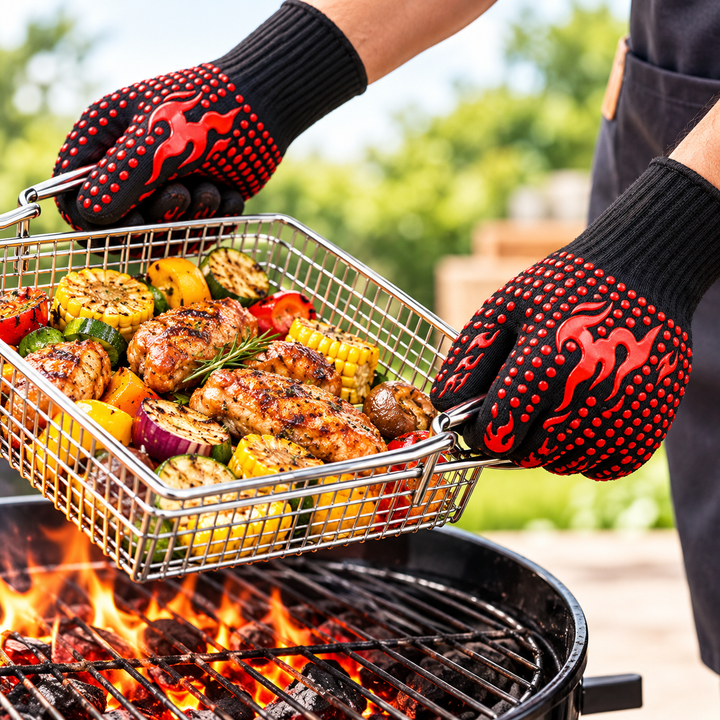 Heat-Resistant Silicone-Grip Flame Pattern BBQ Gloves Bowlift