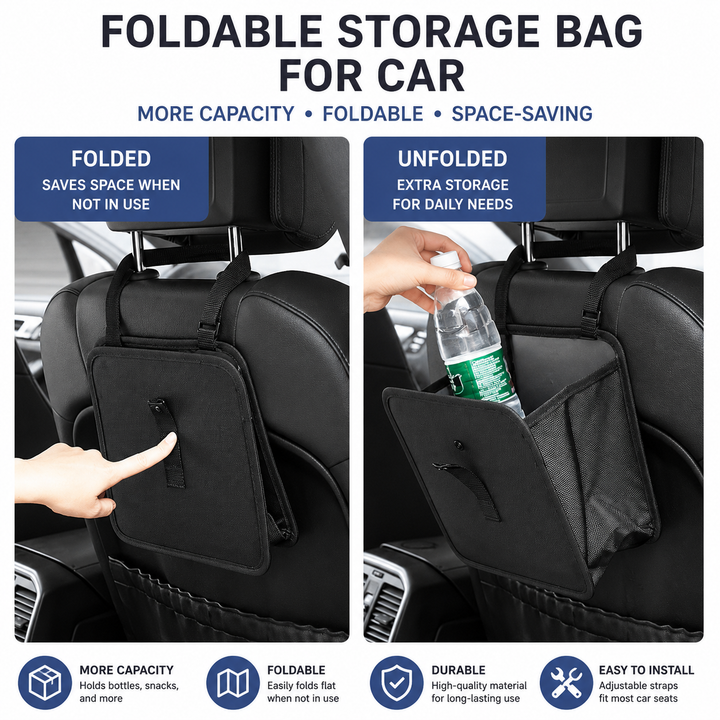 Foldable Hanging Car Trash Can and Storage Organizer with Snap Lid and Adjustable Strap Bowlift
