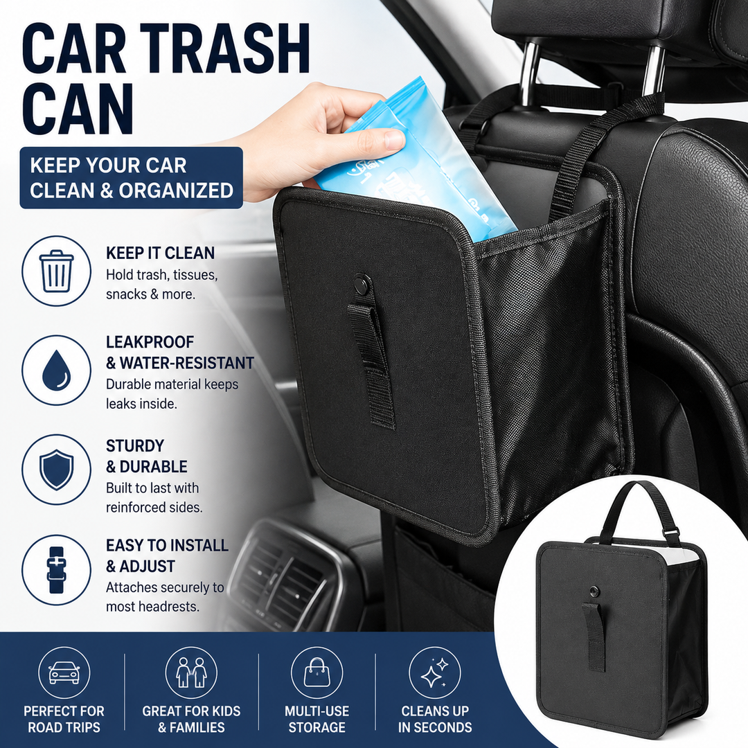 Foldable Hanging Car Trash Can and Storage Organizer with Snap Lid and Adjustable Strap Bowlift