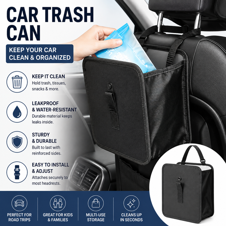 Foldable Hanging Car Trash Can and Storage Organizer with Snap Lid and Adjustable Strap Bowlift