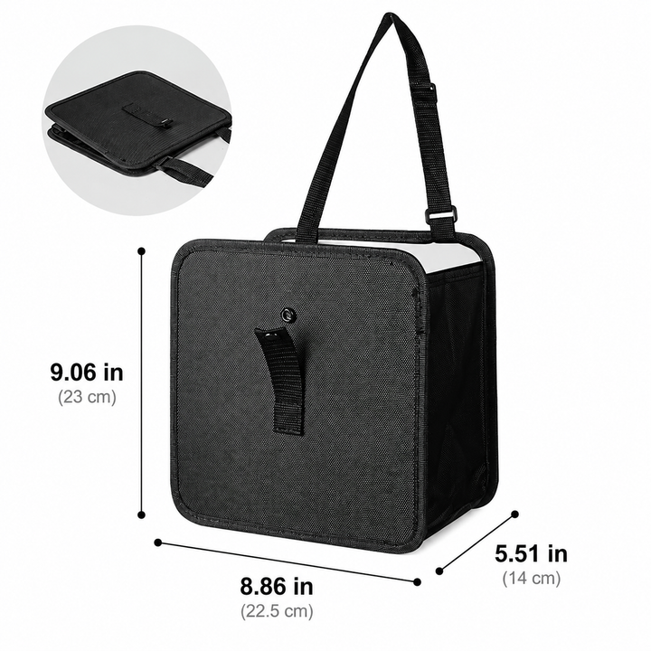 Foldable Hanging Car Trash Can and Storage Organizer with Snap Lid and Adjustable Strap Bowlift