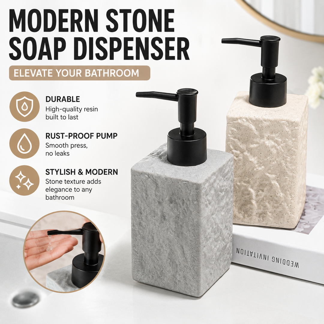 Textured Ceramic Rectangular Soap Dispenser with Matte Pump and Stone-Look Finish Bowlift
