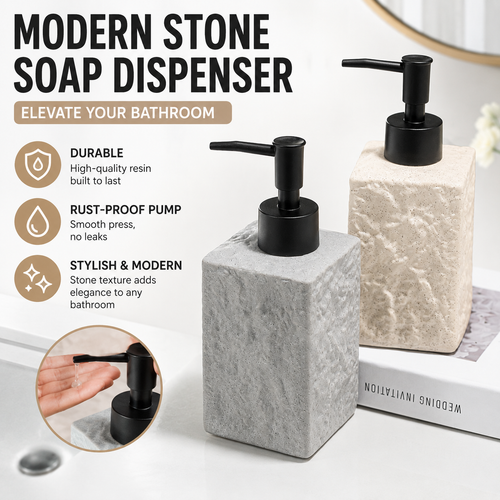 Textured Ceramic Rectangular Soap Dispenser with Matte Pump and Stone-Look Finish Bowlift