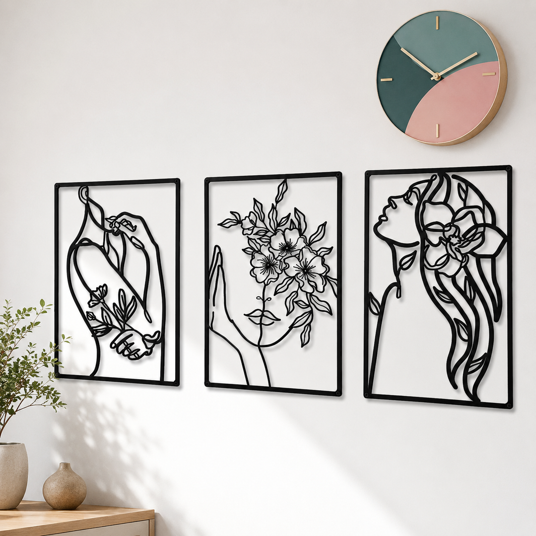 Minimalist Metal Line Art Floral Portrait Triptych Wall Panels Bowlift