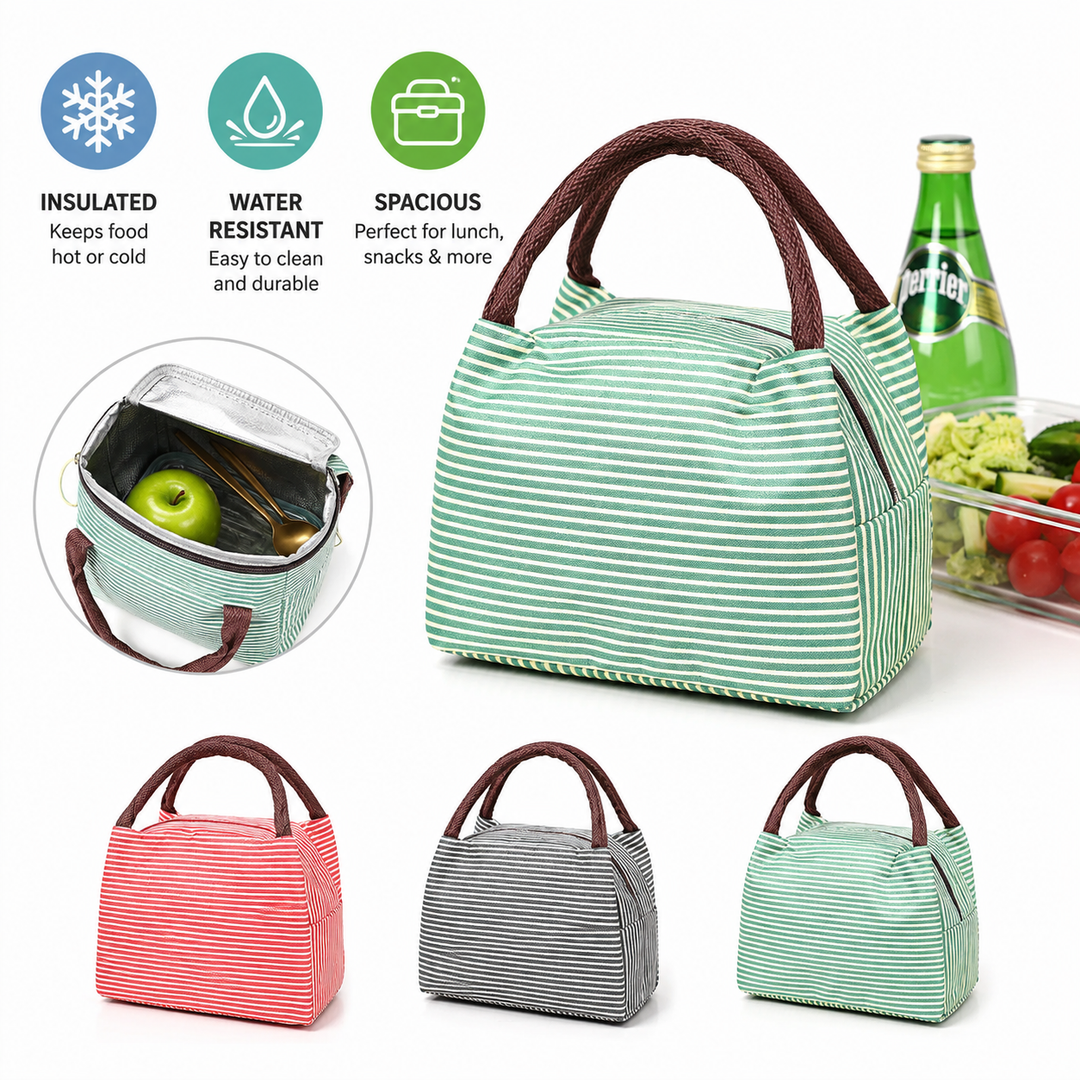 Insulated Striped Lunch Tote Cooler Bag with Side Zipper Pocket and Padded Handles Bowlift