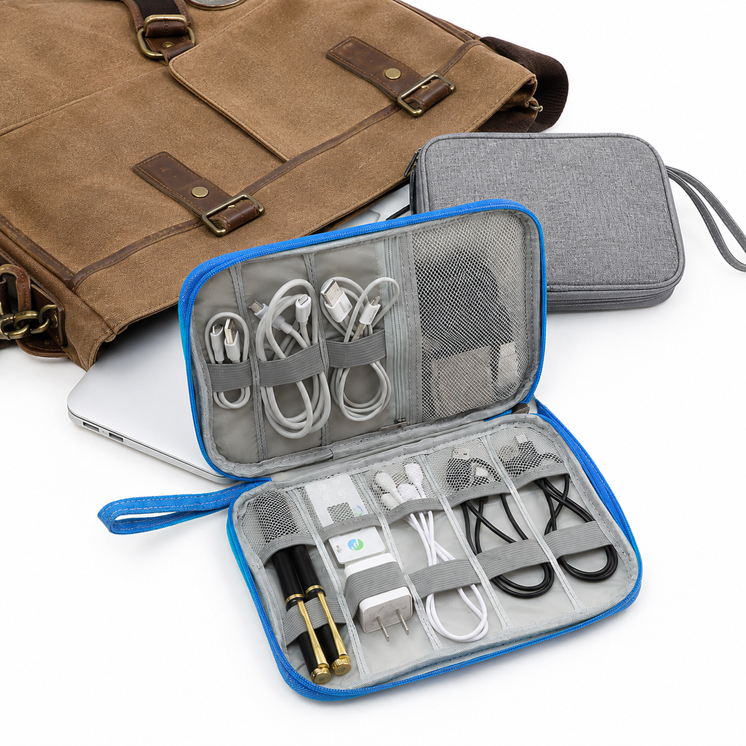 Padded Travel Electronics Organizer Pouch with Elastic Cable Loops & Mesh Pocket Bowlift