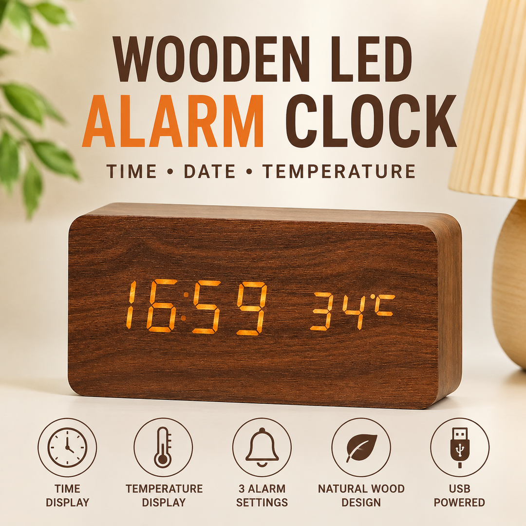 LED Wooden Digital Alarm Clock with Temperature Display Bowlift