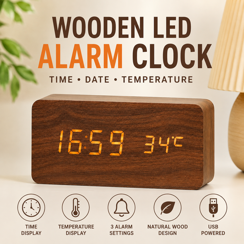 LED Wooden Digital Alarm Clock with Temperature Display Bowlift