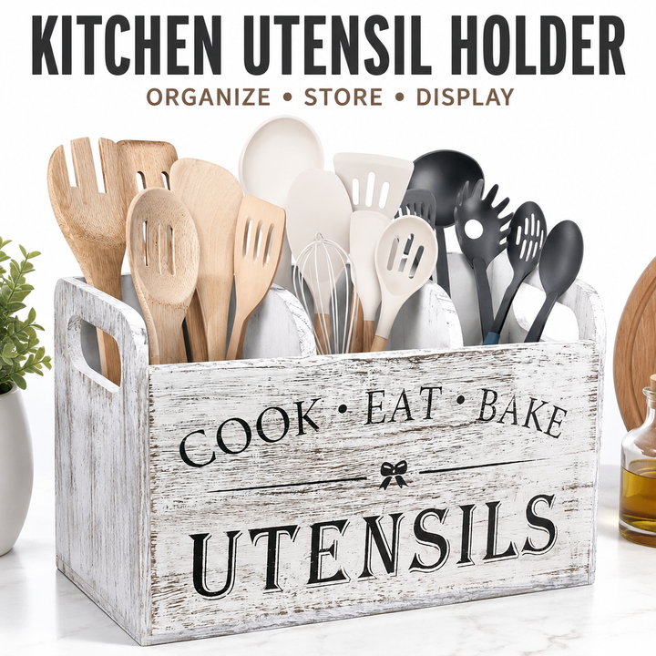 Rustic Farmhouse Kitchen Utensil Organizer Crate with Triple Compartments Bowlift