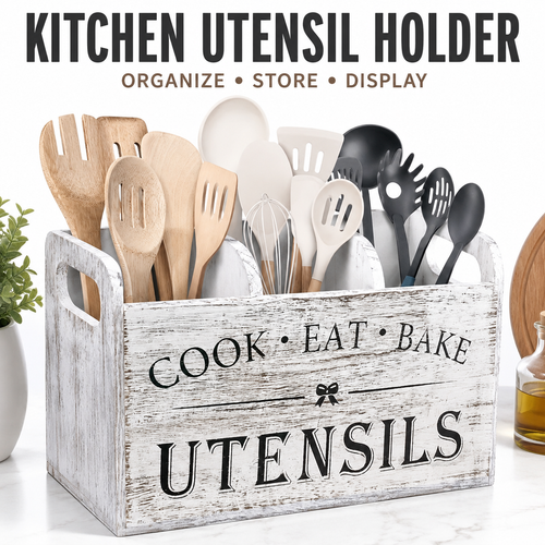 Rustic Farmhouse Kitchen Utensil Organizer Crate with Triple Compartments Bowlift