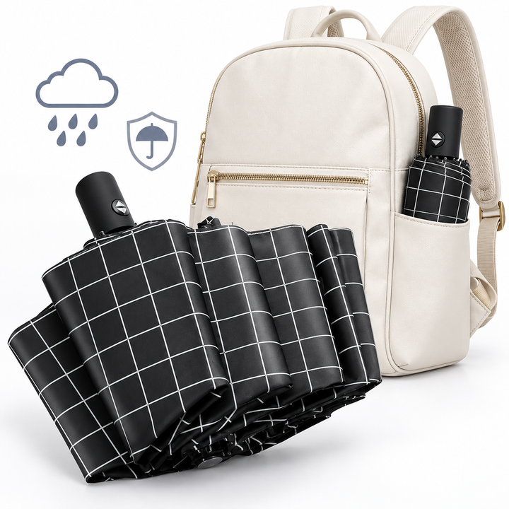 Compact Manual Eight-Rib Windproof Folding Umbrella with UV Protection and Grid Print Bowlift