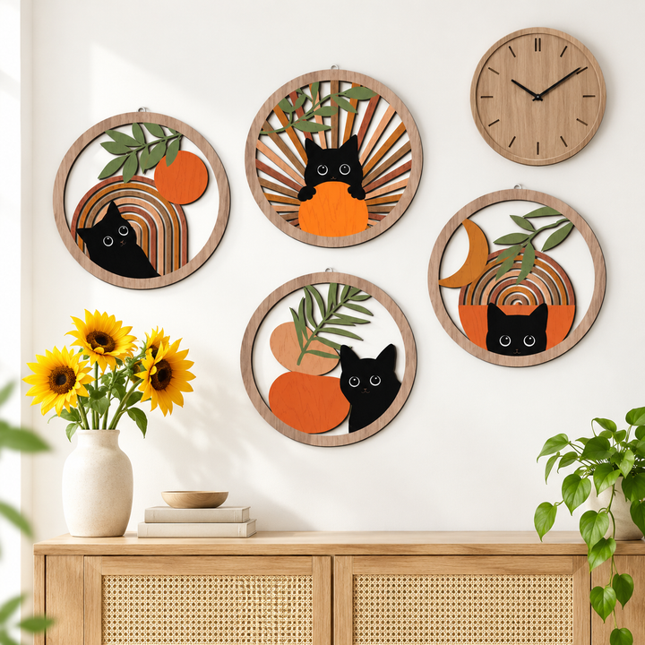 Round Boho Cat Laser-Cut Wooden Wall Art Hanging Plaque Set Bowlift
