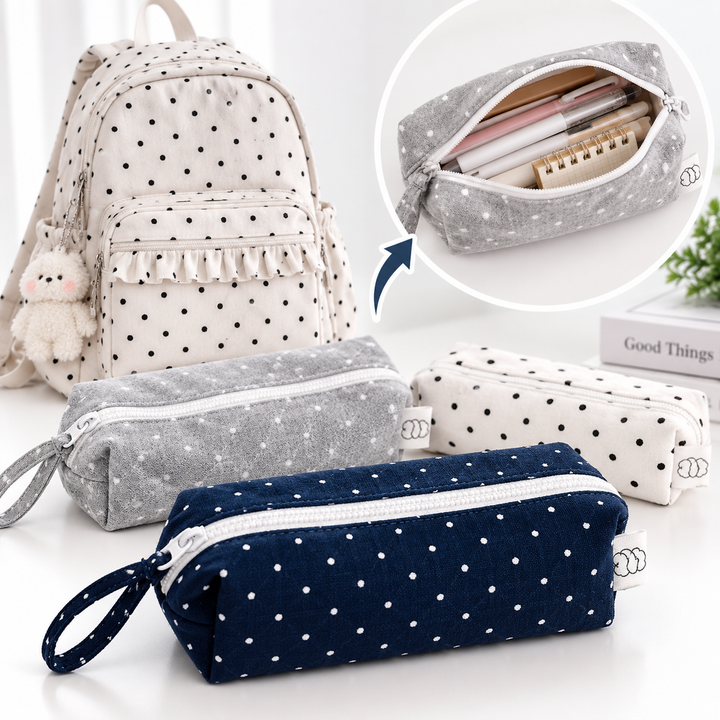 Cotton Polka Dot Zip Organizer Pencil Pouch Bowlift