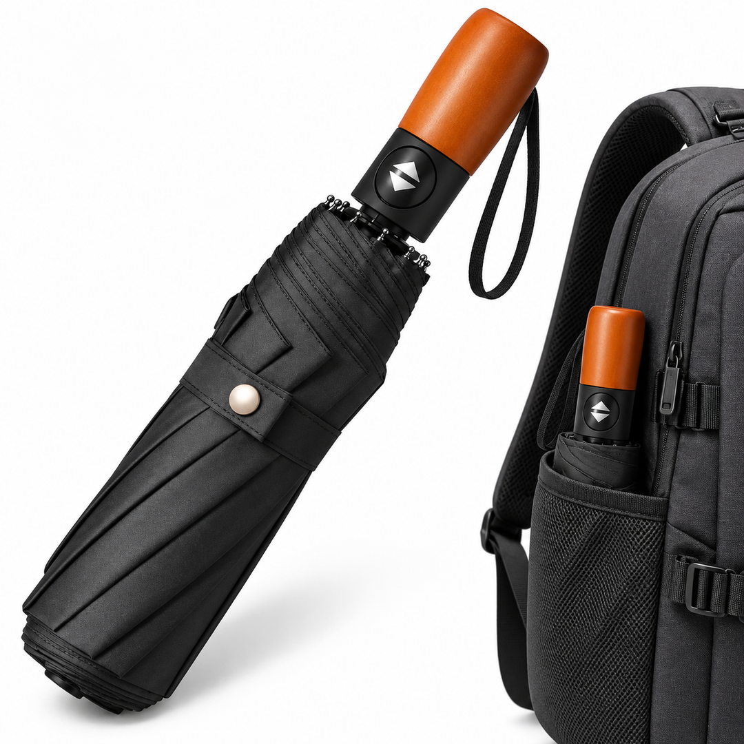 Compact Windproof Automatic Travel Umbrella with Wooden Handle Bowlift