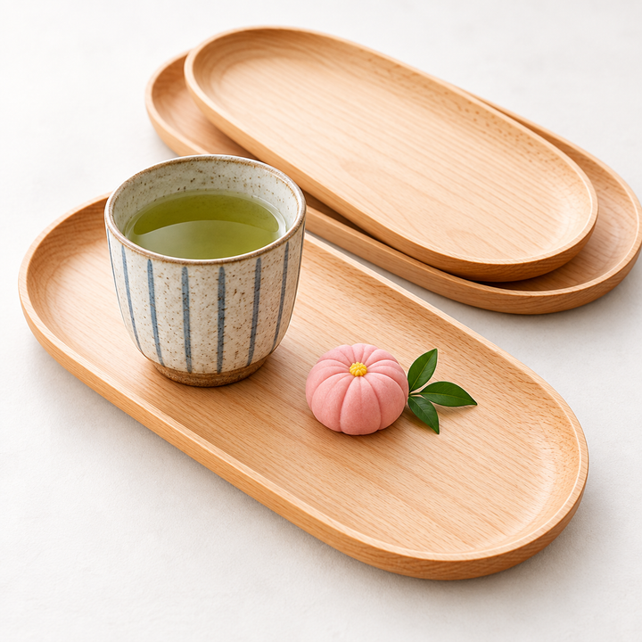 Natural Beechwood Elongated Serving Tray Set Bowlift