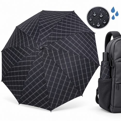 Compact Windproof Automatic Folding Umbrella with Geometric Grid Canopy Bowlift