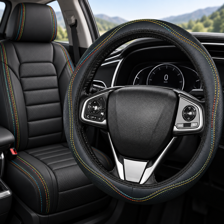 Premium Perforated Leather Steering Wheel Cover with Anti-Slip Cushion Bowlift