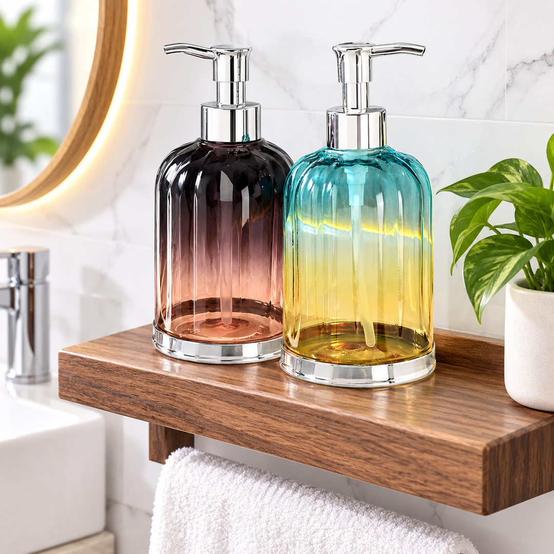 Ribbed Glass Soap Dispenser with Gold Pump Refillable Lotion Bottle Bowlift
