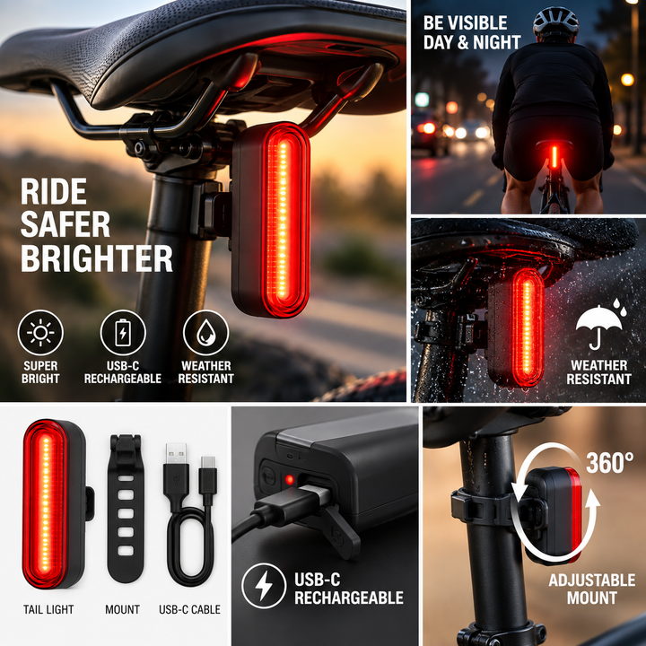Rear Rechargeable Bicycle LED Tail Safety Light with Seatpost Mount and Brake Sensor Bowlift