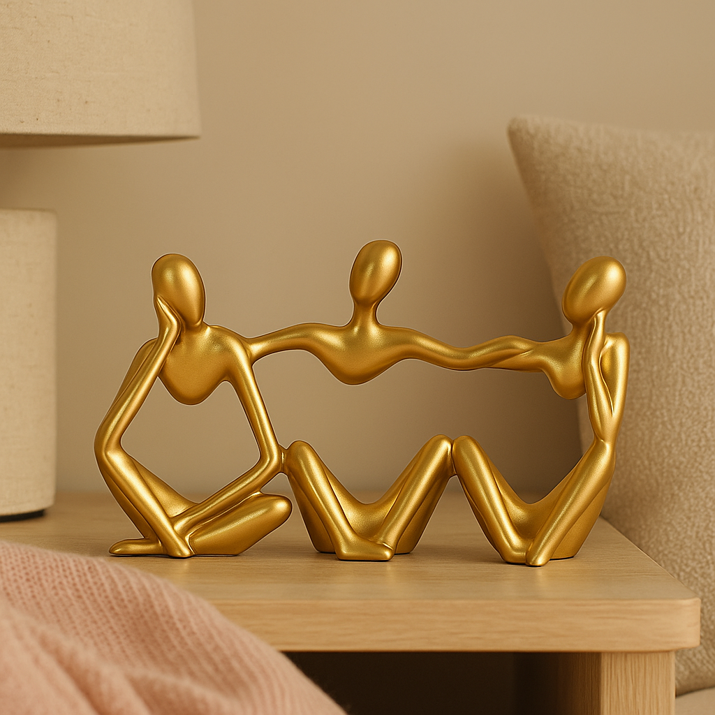 Golden abstract thinker statues in unique artistic positions Bowlift