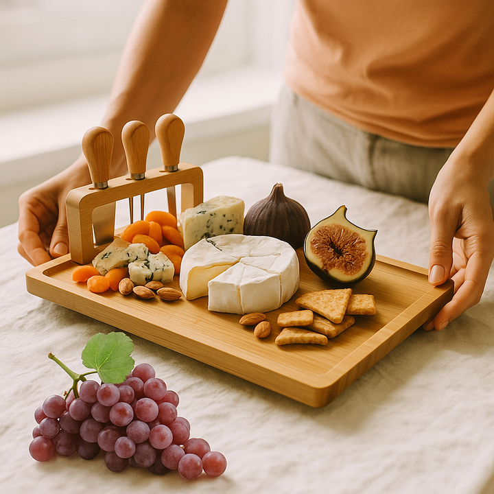 Wood cheese board with knife and fork – Elegant serving board for kitchen or dining room Bowlift