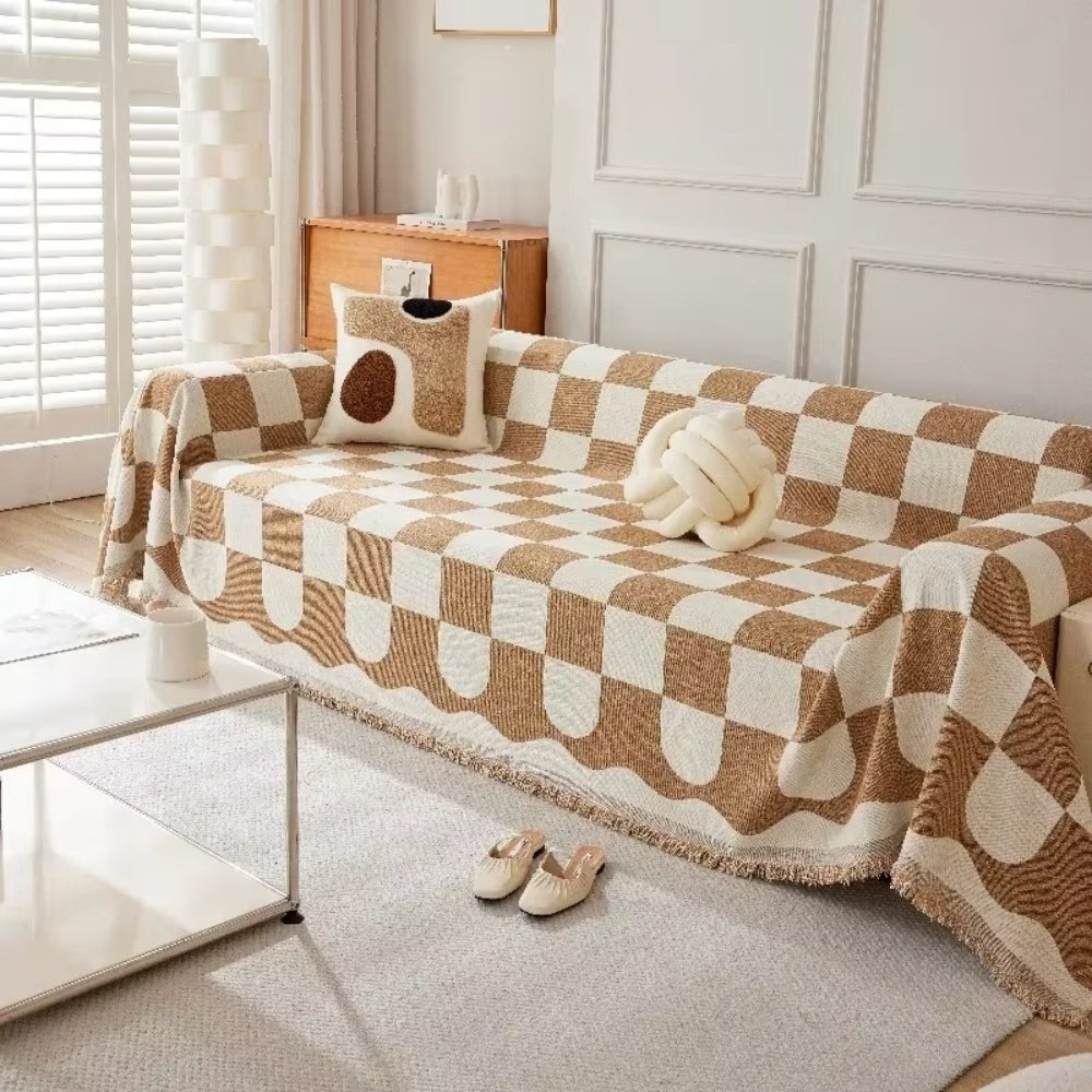BowLift | Chess Board Chic Tasseled Sofa Cover